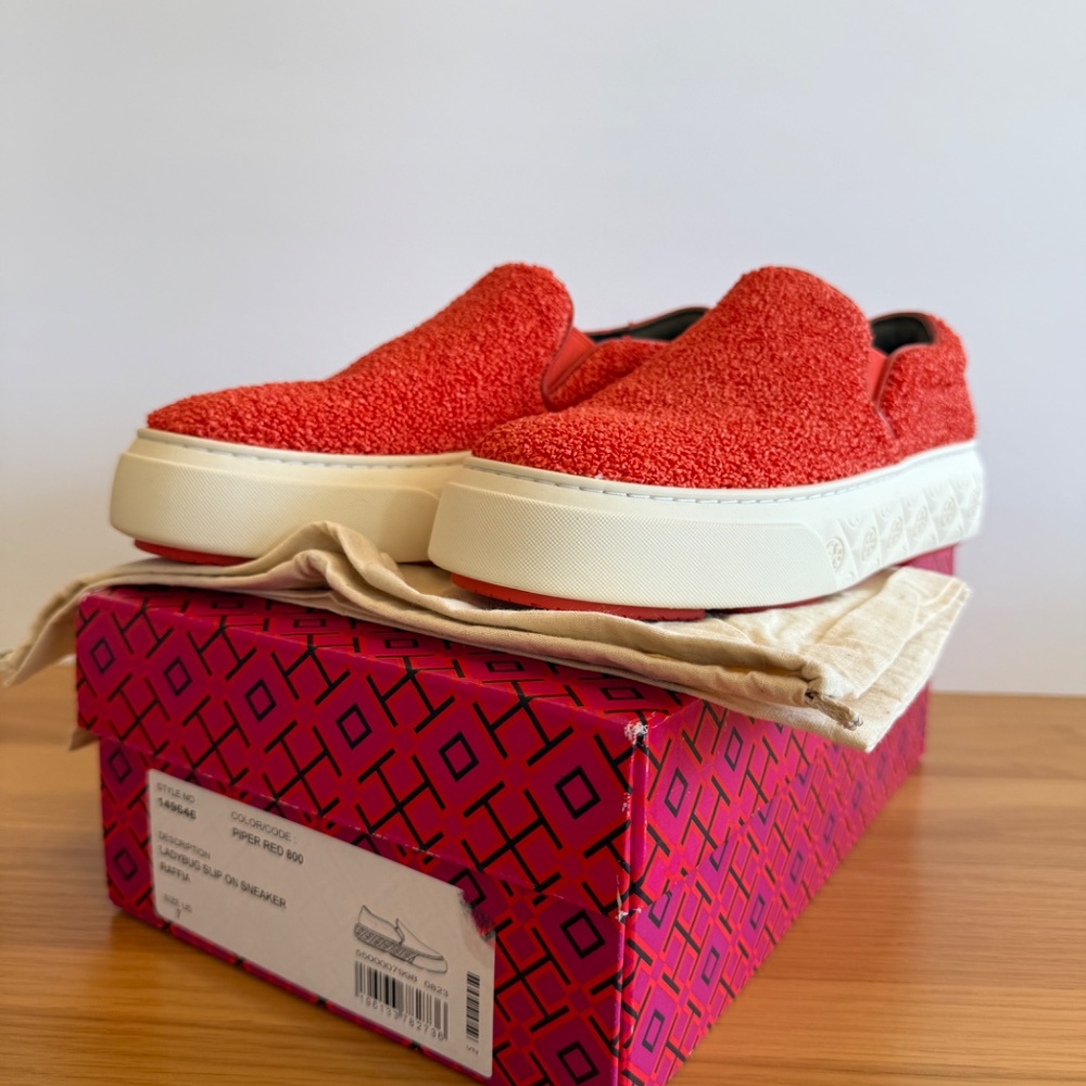NWOT Tory Burch - Ladybug Raffia & Leather Piper Red Slip On Sneakers
